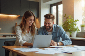 Jeune couple souriant à la maison pour investissement immobilier