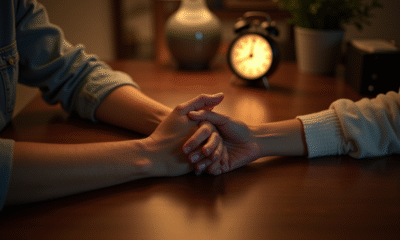 Jeune couple tenant main à une table à 3h33 du matin