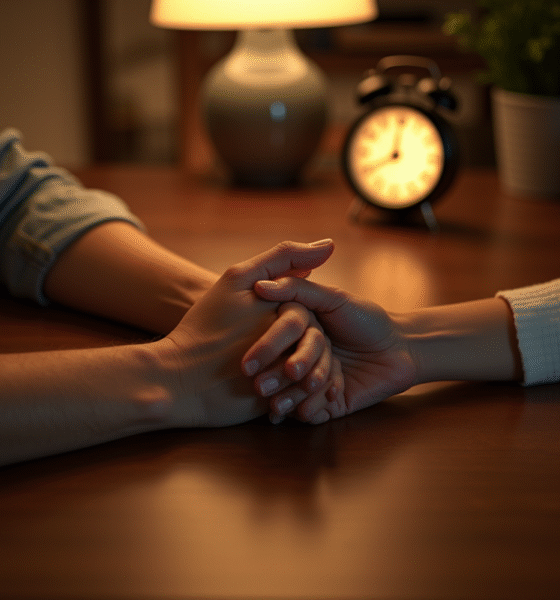 Jeune couple tenant main à une table à 3h33 du matin