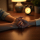 Jeune couple tenant main à une table à 3h33 du matin