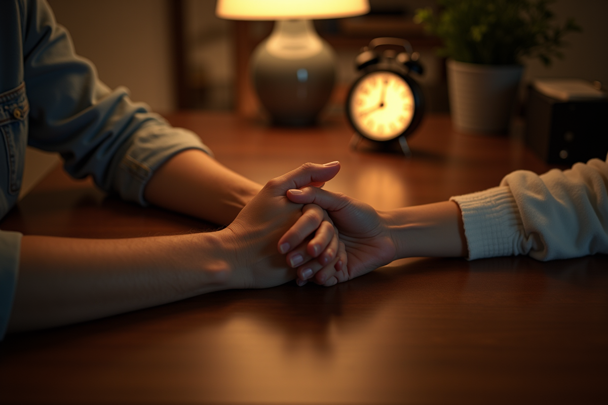 Jeune couple tenant main à une table à 3h33 du matin