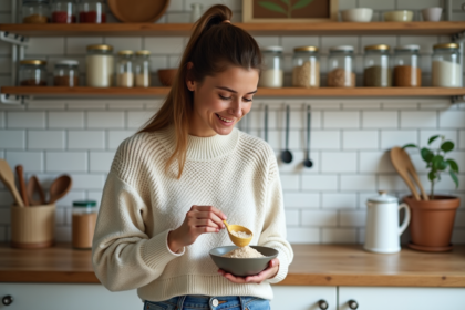 Jeune femme en cuisine mélangeant farine de pois chiche