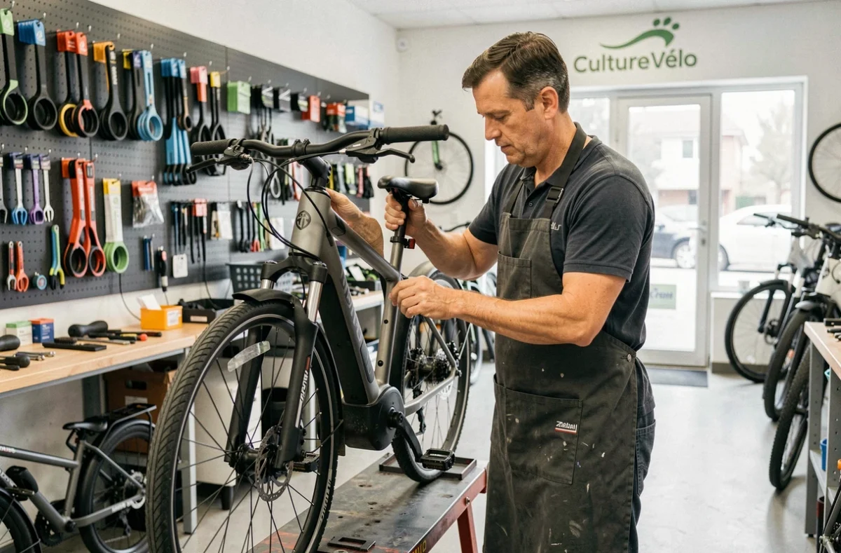 Technicien du magasin Culture Vélo à Herblay effectuant la maintenance d'un vélo électrique sur un stand de réparation