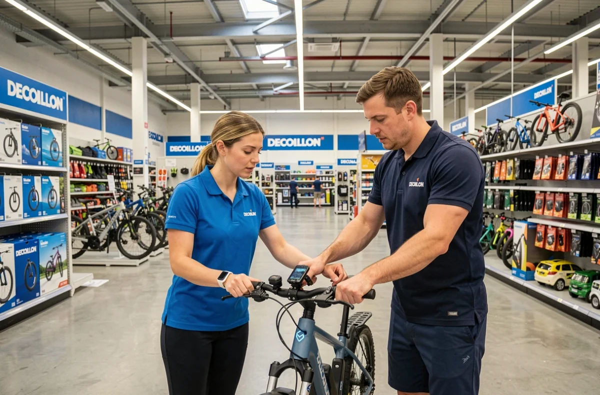 Employée Decathlon à Herblay conseillant un client sur un vélo électrique dans le rayon cycle du magasin