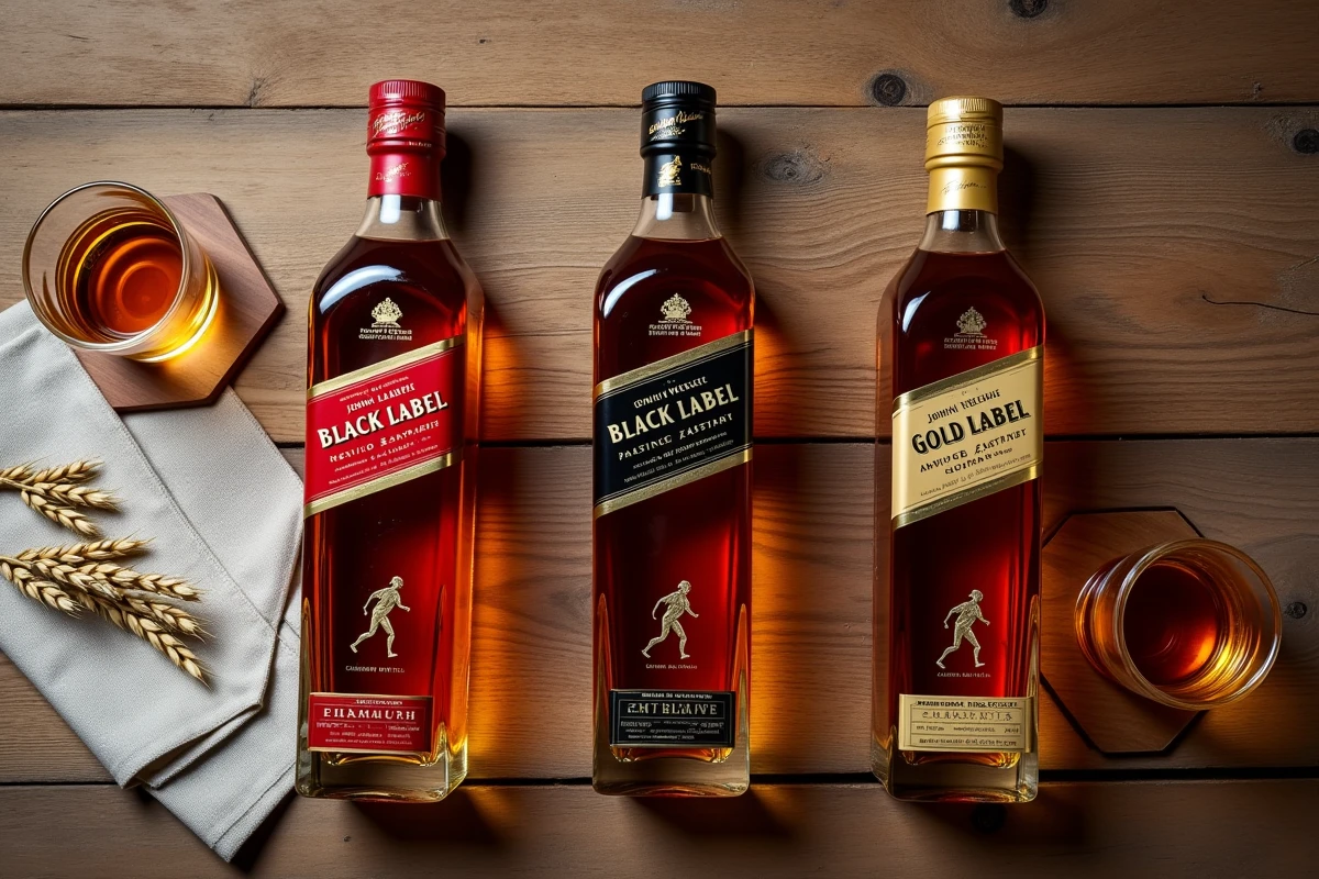 Dégustation à domicile avec les bouteilles Johnnie Walker Red, Black et Gold Label alignées sur une table en bois rustique