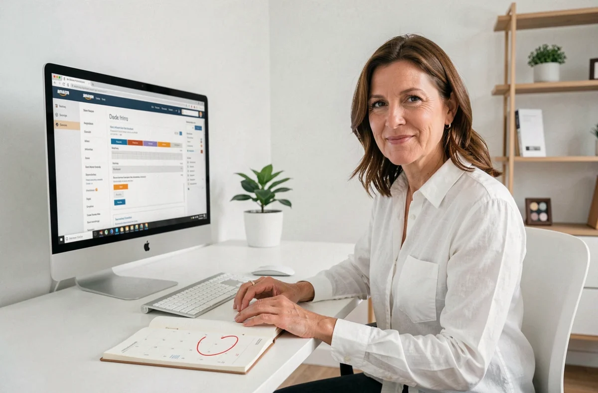 Femme vérifiant les délais d'annulation Amazon Prime avec un calendrier sur son bureau