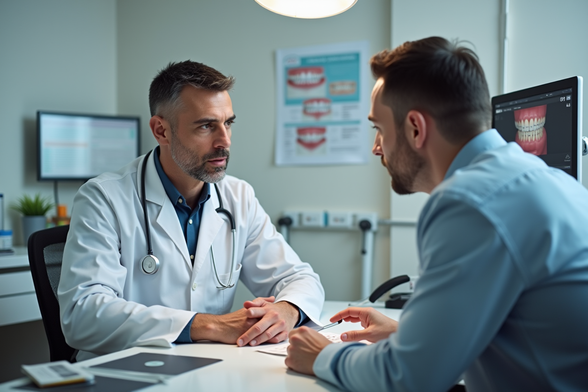 Dentiste expliquant options dentaires au patient