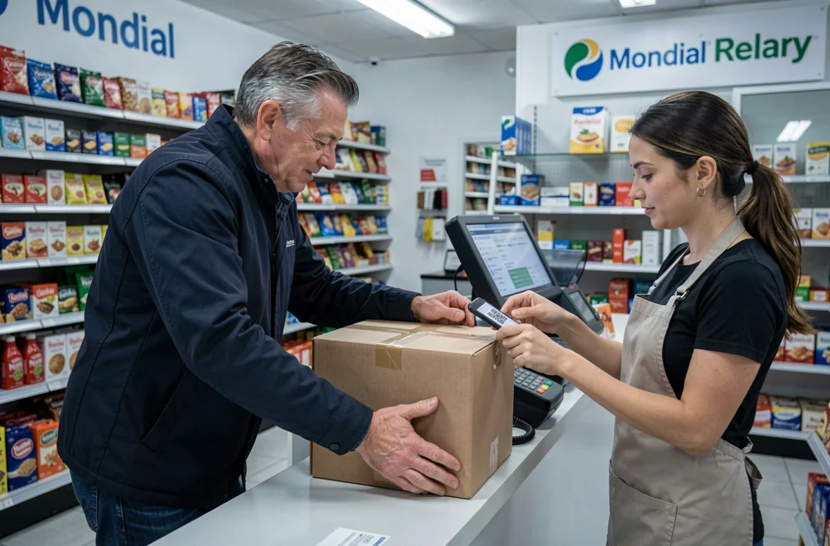 Homme déposant un colis dans un point relais Mondial Relay en commerce de proximité, employée scannant un QR code