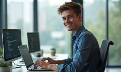 Jeune professionnel écrivant du code C sur un ordinateur lumineux