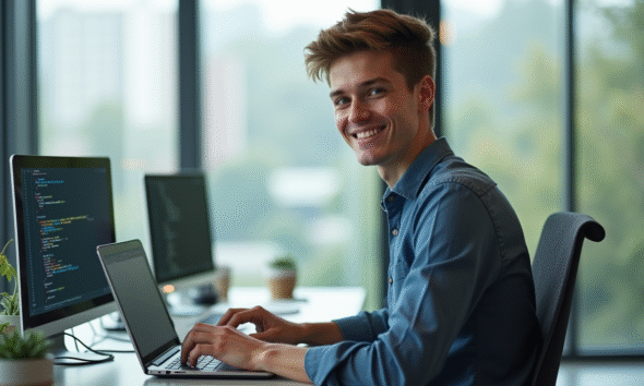 Jeune professionnel écrivant du code C sur un ordinateur lumineux