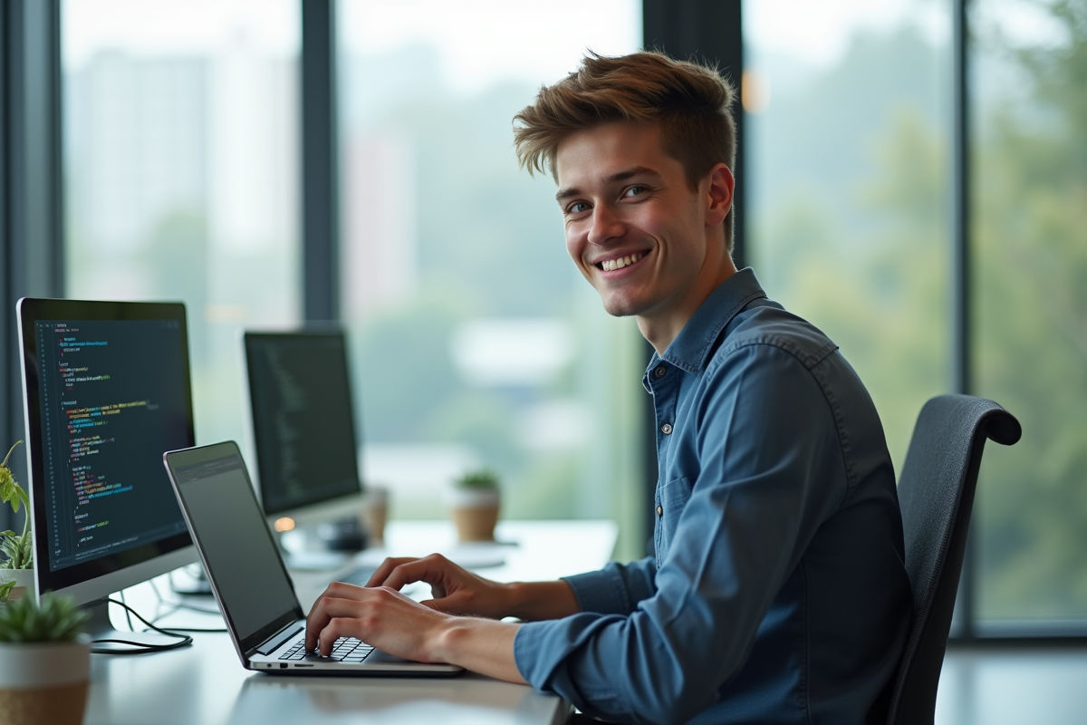 Jeune professionnel écrivant du code C sur un ordinateur lumineux
