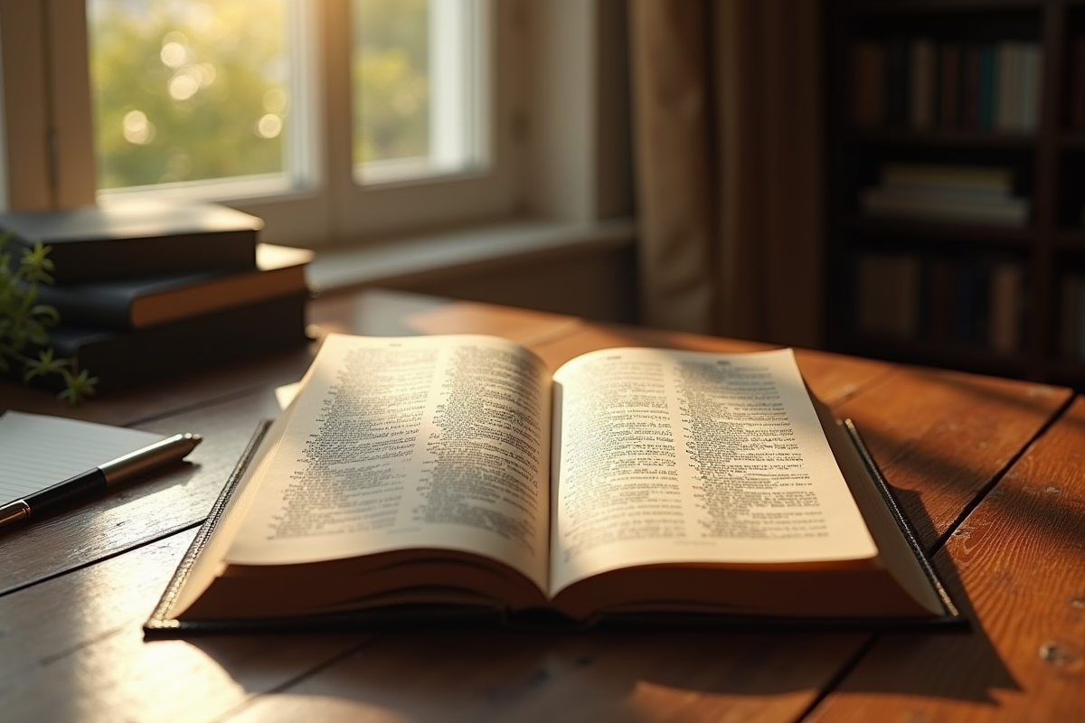 Dictionnaire français ouvert sur un bureau ensoleille