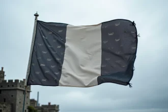 Drapeau breton gwenn-ha-du flottant au vent avec ses hermines noires sur fond blanc symbolisant les 11 districts historiques de Bretagne