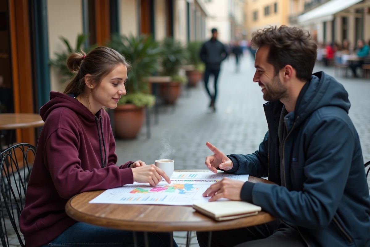 Deux personnes dans un café étudiant ensemble une infographie sur les pays les plus peuplés du monde