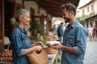 Femme et artisan échangeant un panier de tissage au marché