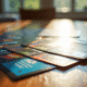 Ecran de cartes à jouer colorées sur une table en bois