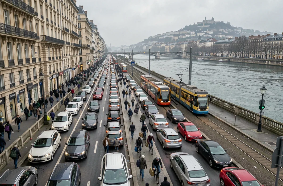 Embouteillages importants à Lyon sur les quais du Rhône lors de la grève des transports TCL le 5 décembre 2026