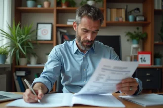 Employé consultant son bulletin de salaire et le Code du travail français à son bureau pour vérifier ses droits lors des jours fériés