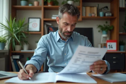 Employé consultant son bulletin de salaire et le Code du travail français à son bureau pour vérifier ses droits lors des jours fériés