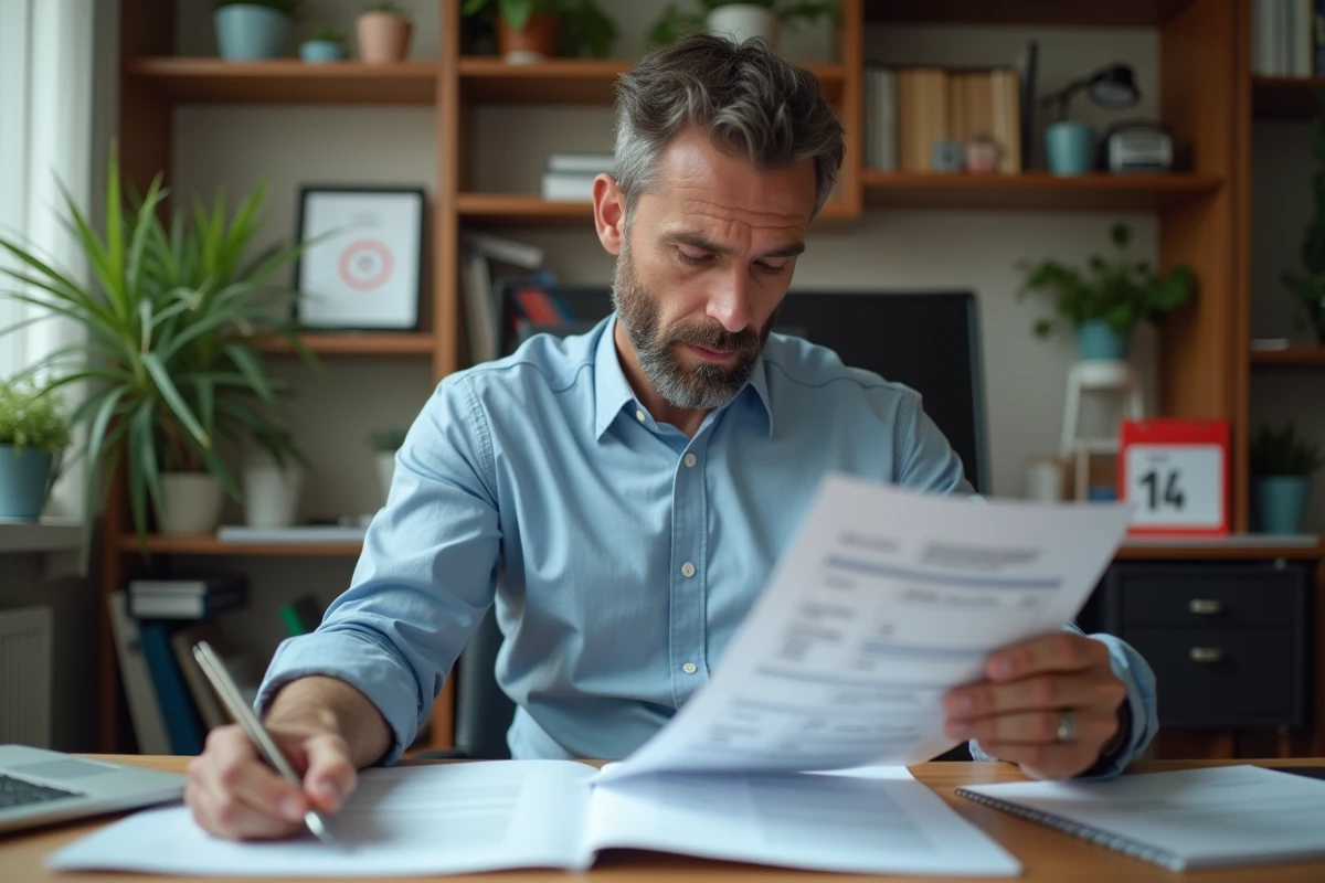 Employé consultant son bulletin de salaire et le Code du travail français à son bureau pour vérifier ses droits lors des jours fériés