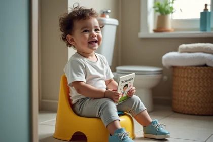 Enfant souriant sur un pot coloré avec un livre Cacaboudin