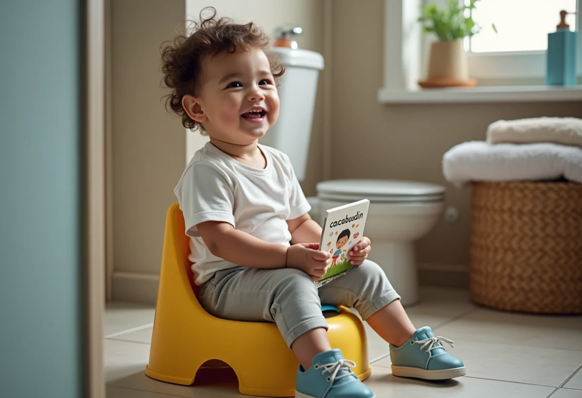 Enfant souriant sur un pot coloré avec un livre Cacaboudin
