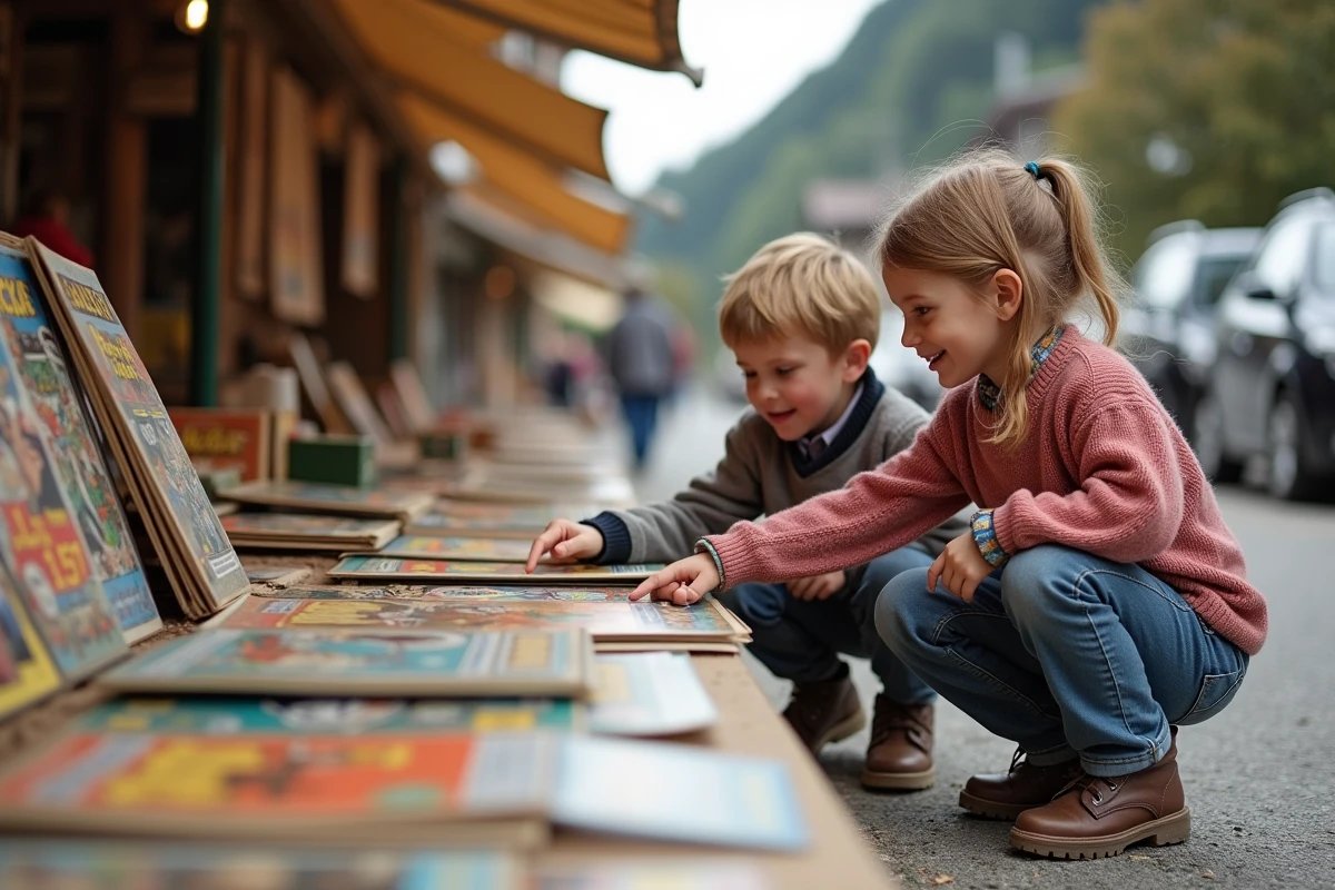 Enfants découvrant des jeux et bandes dessinées vintage sur un stand de vide-grenier familial en Savoie