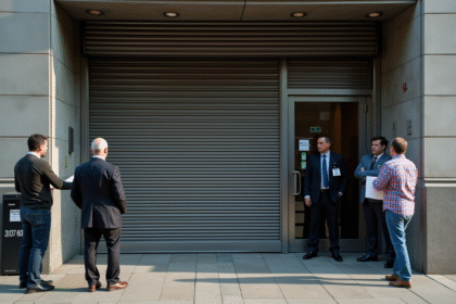 Façade d'une banque fermée avec des volets métalliques et des personnes inquiètes dehors