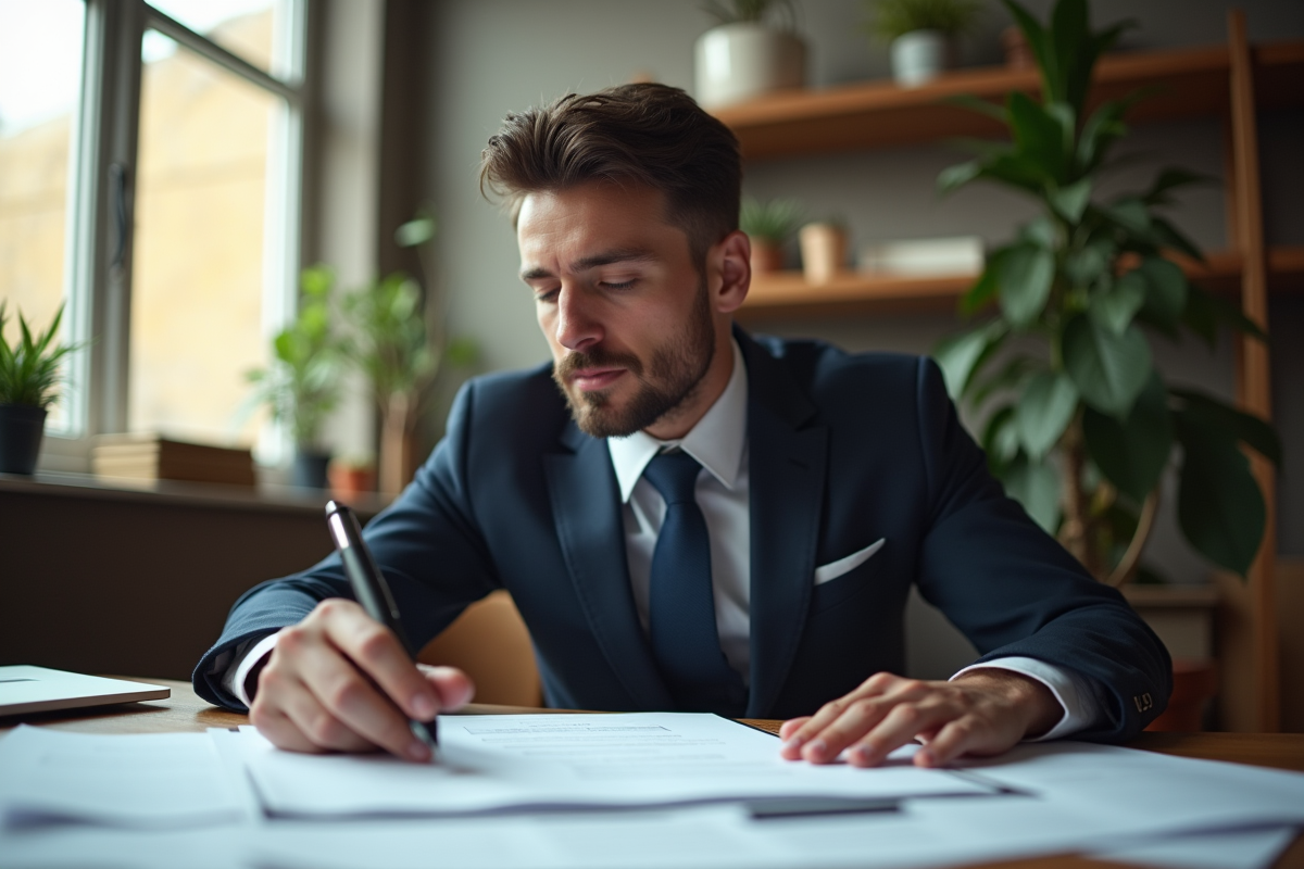 Entrepreneur seul avec documents juridiques sur un bureau en bois