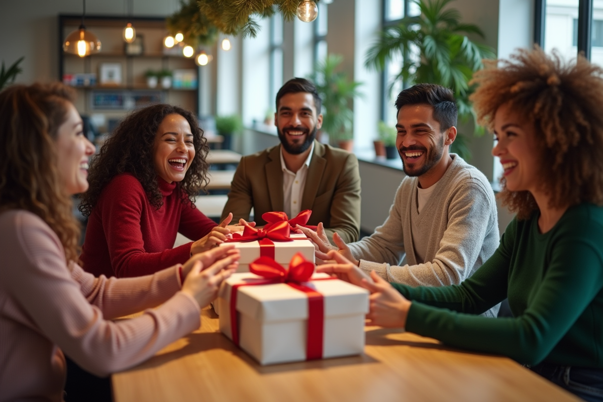 Groupe de collègues échangeant des cadeaux dans une salle conviviale