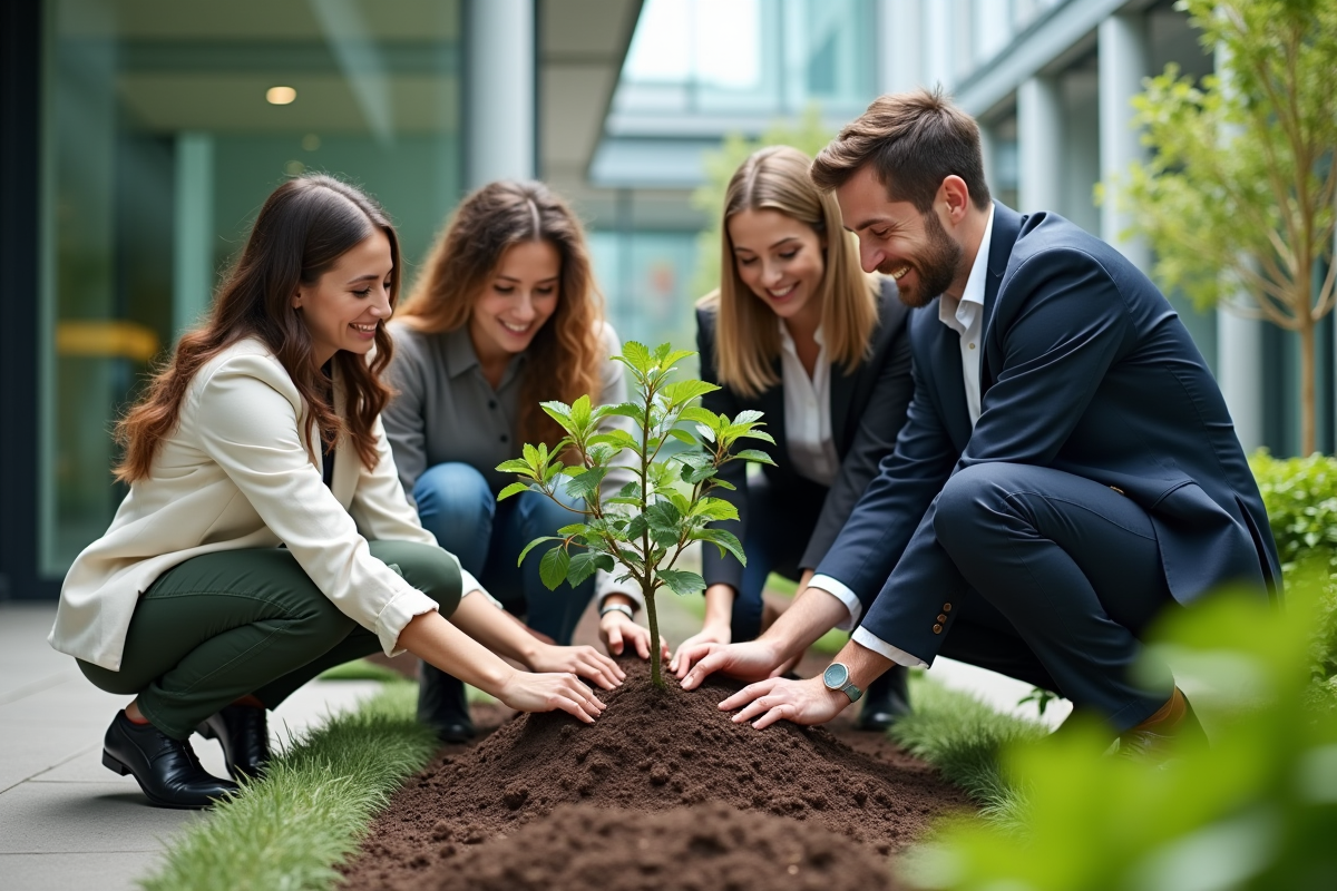 Equipe diverse plantant des jeunes arbres en cour