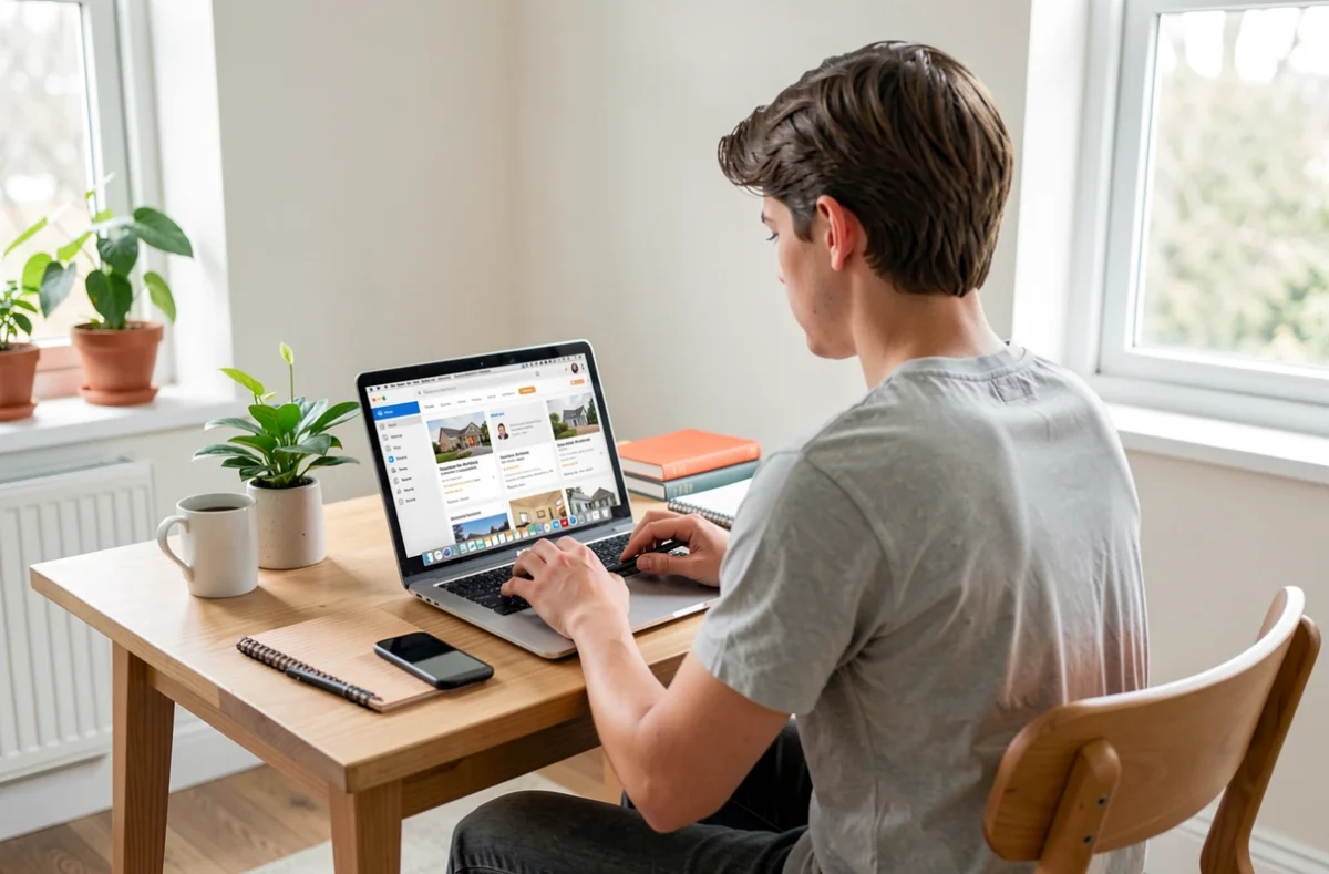 Étudiante comparant des loyers sur son ordinateur portable dans un studio
