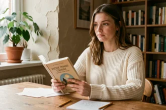 Jeune femme étudiant la grammaire française avec un manuel ouvert, prenant des notes à son bureau en bois
