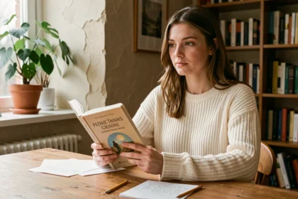 Jeune femme étudiant la grammaire française avec un manuel ouvert, prenant des notes à son bureau en bois