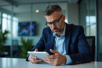 Homme d'affaires en costume bleu analysant une notification cyber