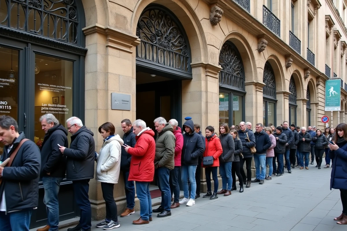 File d'attente de visiteurs devant l'entrée d'un bâtiment historique de Lyon pour l'exposition Van Gogh