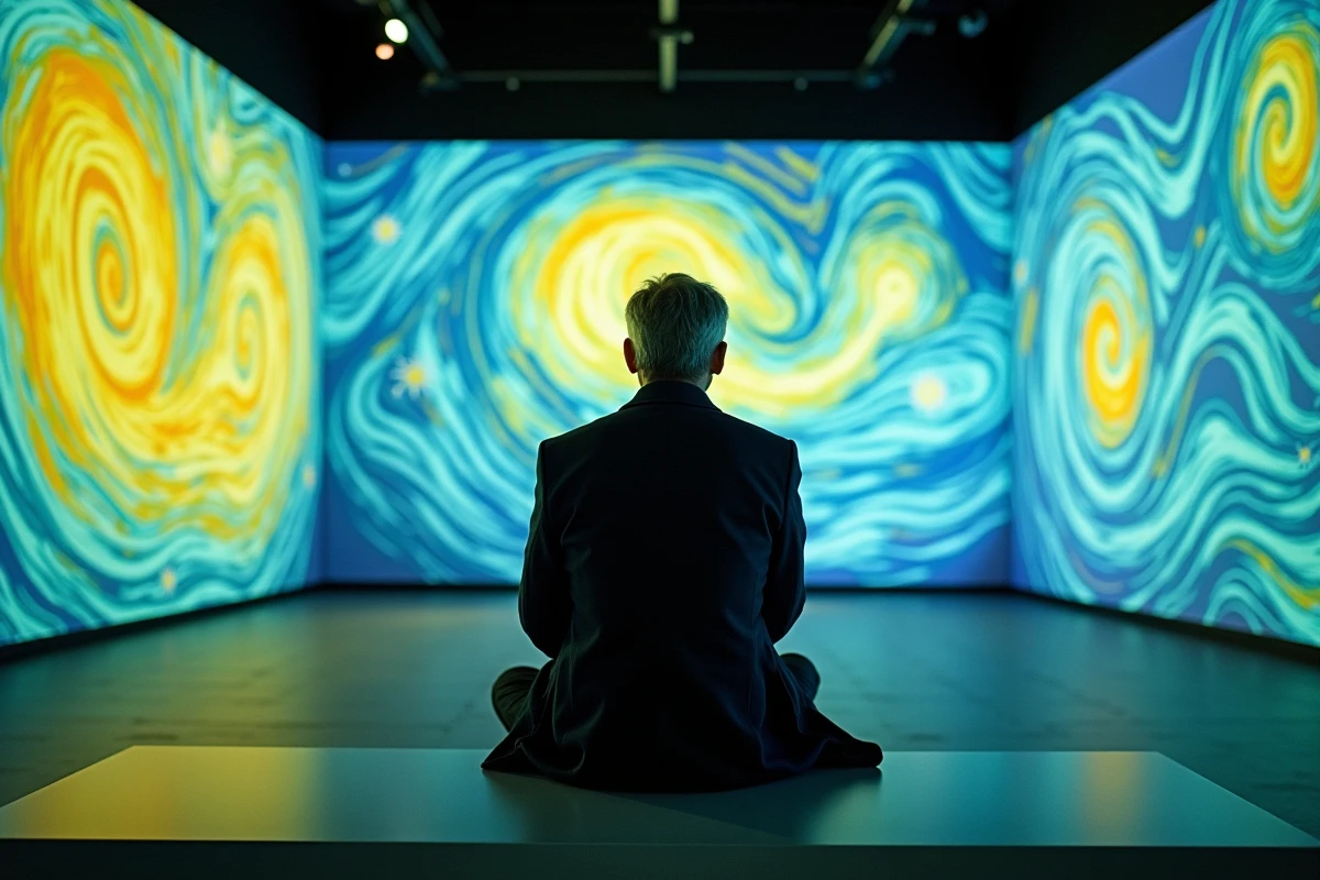 Homme assis dans une salle d'exposition immersive Van Gogh avec projections de tableaux sur les murs à Lyon