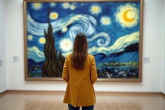 Femme admirant une reproduction de La Nuit étoilée de Van Gogh dans une galerie d'exposition à Lyon