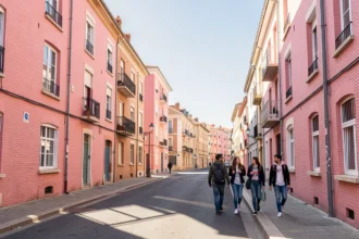 Façade en briques roses d'un immeuble étudiant à Toulouse
