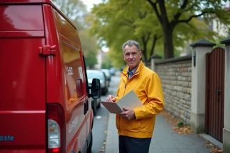Facteur en uniforme jaune La Poste qui trie le courrier devant sa camionnette rouge dans une rue résidentielle française