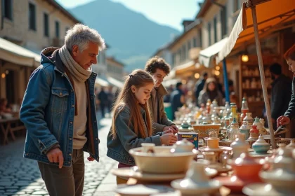 Famille parcourant les étals d'un vide-grenier en Savoie lors d'un week-end ensoleillé