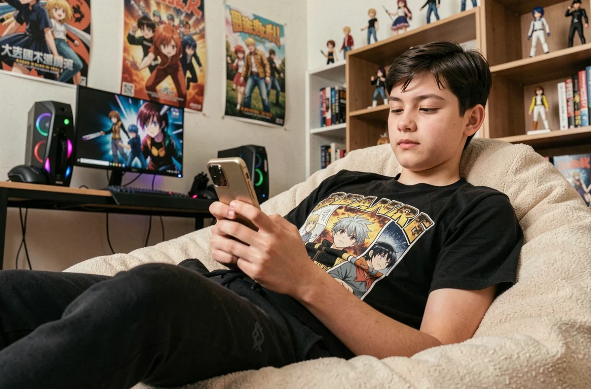 Adolescent fan de manga lisant un scan One Punch Man sur smartphone allongé sur un beanbag dans sa chambre décorée de posters anime