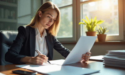 Femme d'affaires lisant un document juridique dans un bureau lumineux