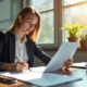 Femme d'affaires lisant un document juridique dans un bureau lumineux
