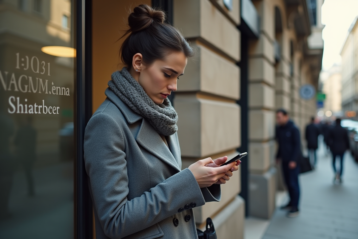 Jeune femme devant une banque en ville avec son téléphone