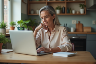 Femme assise à une table de cuisine avec ordinateur