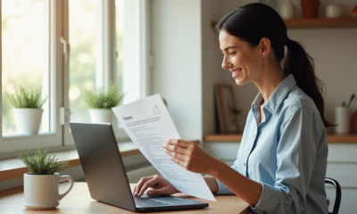 Femme souriante utilisant un ordinateur pour un service client