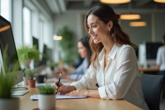 Femme souriante dans son bureau organisé avec plantes