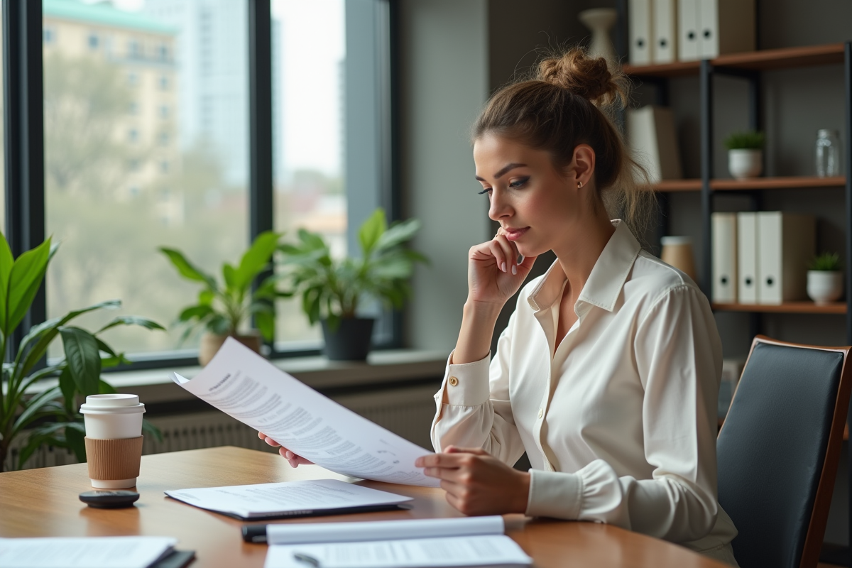 Femme au bureau examinant des rapports de durabilite