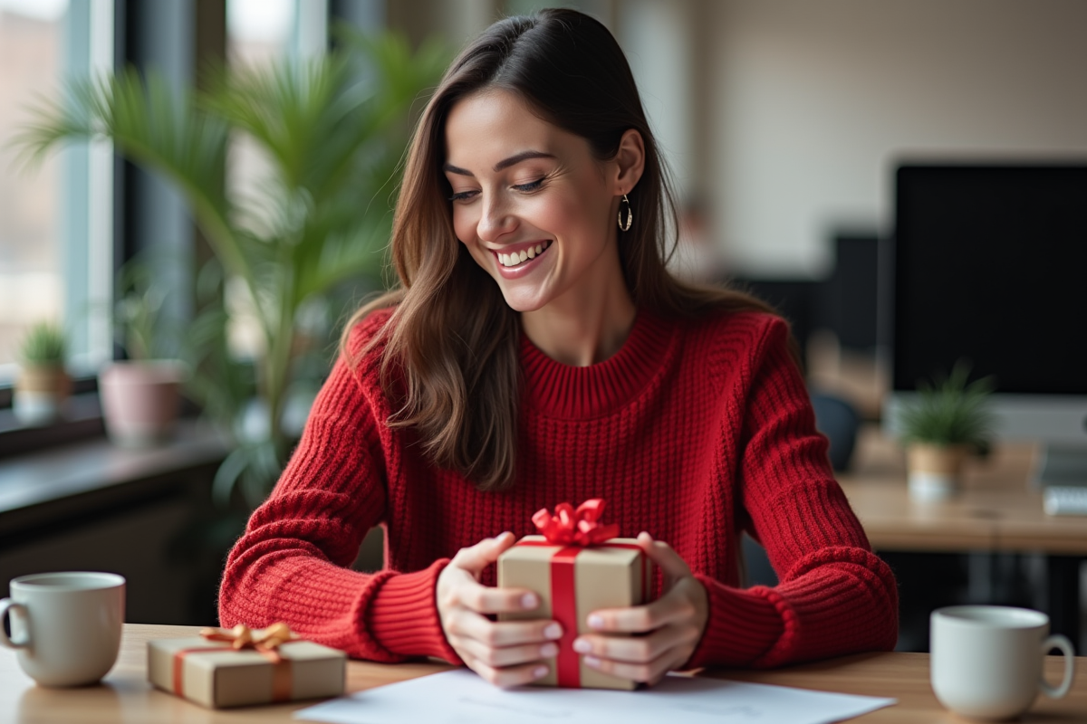 Femme souriante déballant un cadeau secret santa au bureau
